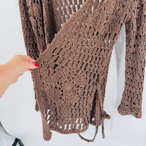 Y2K Express Brown Crochet Open Knit Cardigan Belted Boho Sweater Size L - Picture 5 of 8